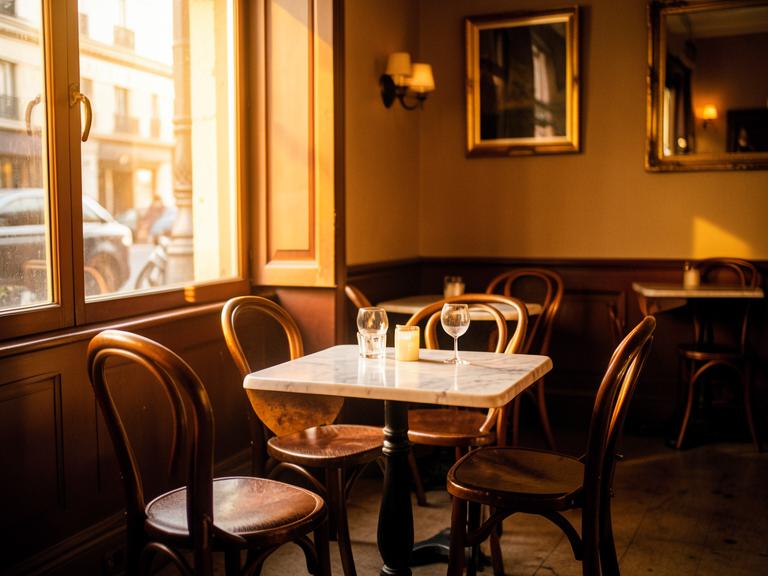 Warm, naturally lit restaurant dining room