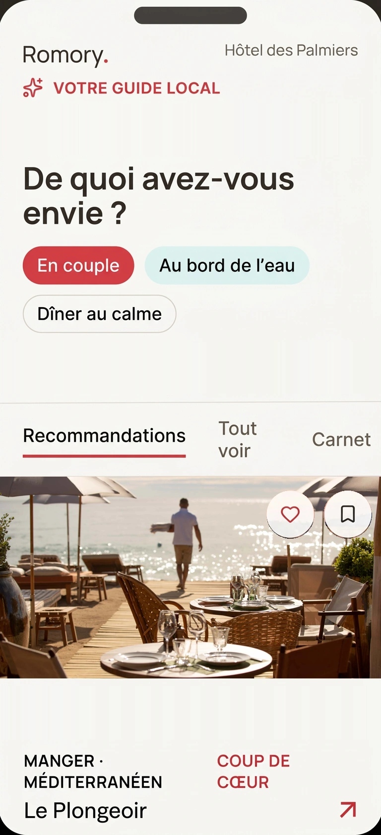 Recommandations voyageur Romory sur un téléphone